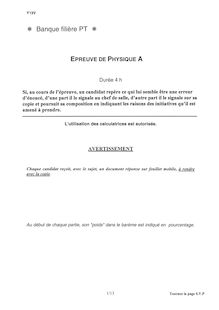 Physique A 2006 Classe Prepa PT Banque Filière PT