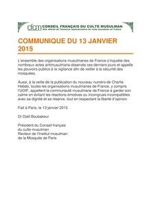Conseil Français du Culte Musulman - Boubakeur - Communiqué de presse du Lundi 13 janvier 2015