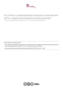 M. Le Friant, La responsabilité de l employeur en droit allemand (R.F.A.). Aspects de droit pénal et de droit administratif - note biblio ; n°1 ; vol.37, pg 255-256