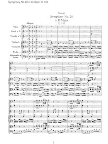 Partition complète, Symphony No.20, D major, Mozart, Wolfgang Amadeus par Wolfgang Amadeus Mozart