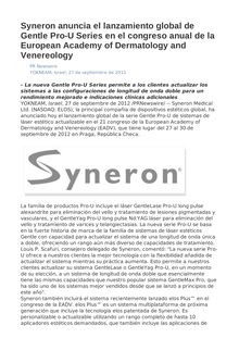 Syneron anuncia el lanzamiento global de Gentle Pro-U Series en el congreso anual de la European Academy of Dermatology and Venereology