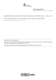 Nicole Mathieu et Marcel Jollivet (sous la direction de). - Du rural à l environnement. La question de la nature aujourd hui.  ; n°1 ; vol.208, pg 149-152