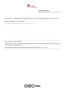 La santé : rapport des approches des sciences de la nature et des sciences humaines - article ; n°2 ; vol.6, pg 61-74