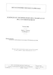 Sciences et technologies de l habitat et de l environnement 2004 BTS Économie sociale et familiale