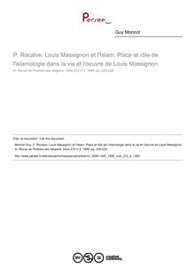 P. Rocalve. Louis Massignon et l Islam. Place et rôle de l islamologie dans la vie et l oeuvre de Louis Massignon  ; n°2 ; vol.212, pg 228-229