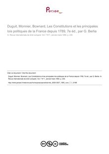 Duguit, Monnier, Bcwnard, Les Constitutions et les principales lois politiques de la France depuis 1789, 7e éd., par G. Berlia - note biblio ; n°1 ; vol.7, pg 230-230