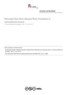 Maucorps Paul-Henri, Bassoul René, Empathies et connaissance d autrui.  ; n°1 ; vol.2, pg 109-111
