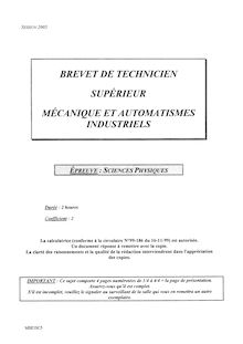 Sciences physiques 2005 BTS Mécanique et automatismes industriels