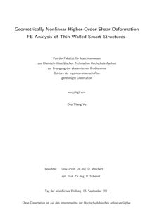 Geometrically nonlinear higher-order shear deformation FE analysis of thin-walled smart structures [Elektronische Ressource] / Duy Thang Vu