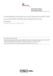 La démographie de l Afrique au sud du Sahara des années 1950 aux années 2000. Synthèse des changements et bilan statistique - article ; n°3 ; vol.59, pg 519-621