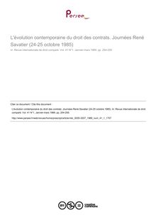 L évolution contemporaine du droit des contrats. Journées René Savatier (24-25 octobre 1985) - note biblio ; n°1 ; vol.41, pg 254-255