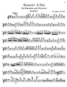 Partition flûte 1, clarinette Concerto, A major, Mozart, Wolfgang Amadeus