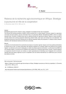 Relance de la recherche agro-économique en Afrique. Stratégie à poursuivre et rôle de la coopération - article ; n°1 ; vol.213, pg 3-9