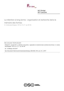 La rétention à long terme : organisation et recherche dans la mémoire des formes - article ; n°1 ; vol.73, pg 85-100