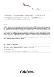 Conséquences sociales et politiques des transformations démographiques dans un village des Alpes-Maritimes - article ; n°1 ; vol.42, pg 143-161