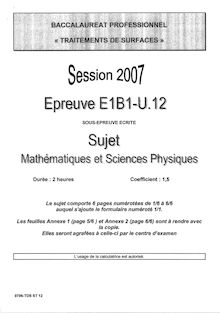 Mathématiques et sciences physiques 2007 Bac Pro - Traitements de surfaces