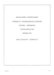 Histoire - Géographie 2010 S.T.G (Communication et Gestion des Ressources Humaines) Baccalauréat technologique