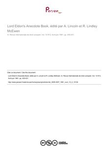 Lord Eldon s Anecdote Book, édité par A. Lincoln et R. Lindley McEwen - note biblio ; n°2 ; vol.13, pg 430-431