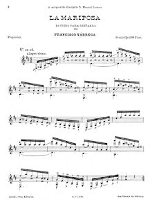Partition complète, pour Butterfly Etude, D major, Tárrega, Francisco
