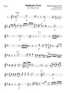 Partition hautbois 1/2, Symphony No.8, D major, Mozart, Wolfgang Amadeus