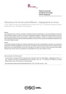 Gérontios et la Vie de sainte Mélanie : hagiographie et roman  - article ; n°1 ; vol.29, pg 309-327