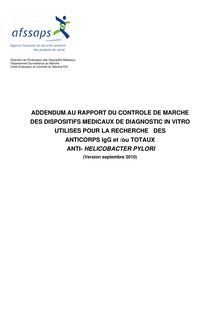 Controle de marché des dispositifs médicaux de diagnostic in vitro utilisés pour la recherche des anticorps IgG et /ou totaux anti Helicobacter Pylori - Addendum