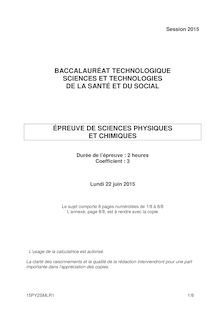 Bac 2015: sujet Sciences Physiques et Chimiques Bac Sciences et Technologies de la Santé et du Social