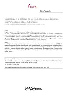 Le religieux et le politique en U.R.S.S. : le cas des Baptistes, des Pentecôtistes et des Adventistes - article ; n°1 ; vol.18, pg 127-155