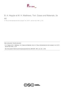 B. A. Hepple et M. H. Matthews, Tort. Cases and Materials, 2e éd. - note biblio ; n°1 ; vol.33, pg 215-215