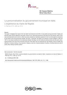 La personnalisation du gouvernement municipal en Italie. L expérience du maire de Naples - article ; n°1 ; vol.13, pg 57-70