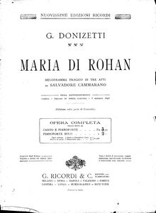 Partition complète, Maria di Rohan, Melodramma tragico in tre atti par Gaetano Donizetti