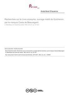 Recherches sur le Livre anonyme, ouvrage inédit de Guichenon, par le marquis Costa de Beauregard.  ; n°1 ; vol.24, pg 521-522