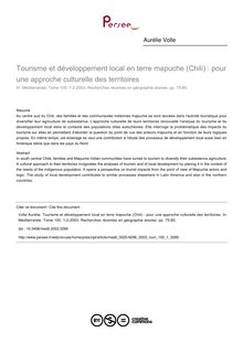 Tourisme et développement local en terre mapuche (Chili) : pour une approche culturelle des territoires - article ; n°1 ; vol.100, pg 75-80