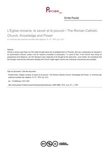 L Eglise romaine, le savoir et le pouvoir / The Roman Catholic Church, Knowledge and Power - article ; n°1 ; vol.37, pg 5-21