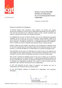 Lettre de la CGT adressée à François Hollande