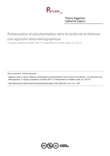 Rurbanisation et périurbanisation dans le centre de la Wallonie : une approche socio-démographique - article ; n°1 ; vol.19, pg 123-137