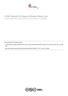 J.D.M. Derrett, A Critique of Modem Hindu Law - note biblio ; n°2 ; vol.23, pg 498-499