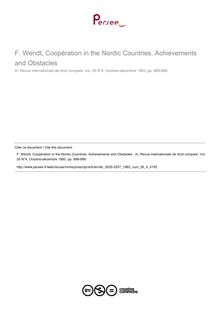 F. Wendt, Coopération in the Nordic Countries. Achievements and Obstacles  - note biblio ; n°4 ; vol.35, pg 888-889