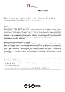 Benoît Mure, propagateur de l homéopathie au XIXe siècle - article ; n°327 ; vol.88, pg 365-370