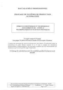 Mathématiques et sciences physiques 2007 Bac Pro - Pilotage de systèmes de production automatisée