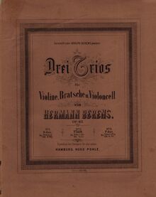 Partition couverture couleur, 3 corde Trios, Op.85, Drei Trios für Violine, Bratsche u. Violoncell, op. 85, von Hermann Berens.