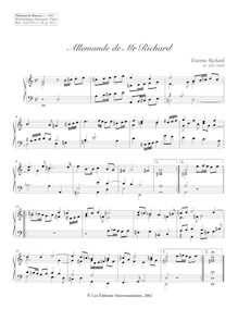 Partition Allemande, 11 clavecin pièces from Manuscrit Bauyn, Richard, Étienne par Étienne Richard