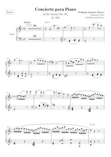 Partition Piano, Piano Concerto No.20, D minor, Mozart, Wolfgang Amadeus par Wolfgang Amadeus Mozart