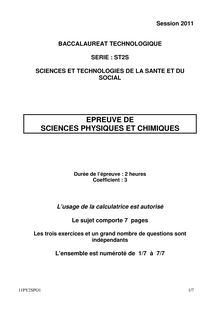 Sujets Bac de Physique, SCIENCES ET TECHNOLOGIES DE LA SANTE ET DU SOCIAL, session 2011