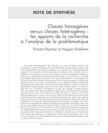Classes homogènes versus classes hétérogènes : les apports de la recherche à l’analyse de la problématique  - article ; n°1 ; vol.148, pg 145-165