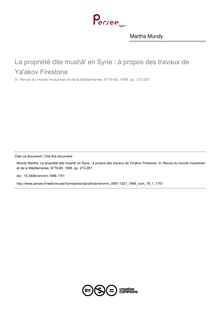 La propriété dite mushâ  en Syrie : à propos des travaux de Ya akov Firestone - article ; n°1 ; vol.79, pg 273-287