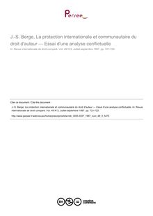 J.-S. Berge, La protection internationale et communautaire du droit d auteur — Essai d une analyse conflictuelle - note biblio ; n°3 ; vol.49, pg 721-723