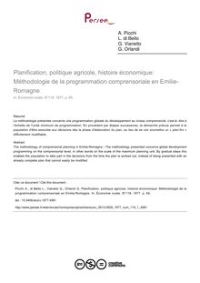 Planification, politique agricole, histoire économique: Méthodologie de la programmation comprensoriale en Emilie-Romagne - article ; n°1 ; vol.119, pg 65-65
