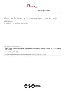 Questions de recherche : pour une analyse locale des partis politiques - article ; n°2 ; vol.1, pg 13-28