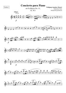 Partition violons I, Piano Concerto No.11, F major, Mozart, Wolfgang Amadeus